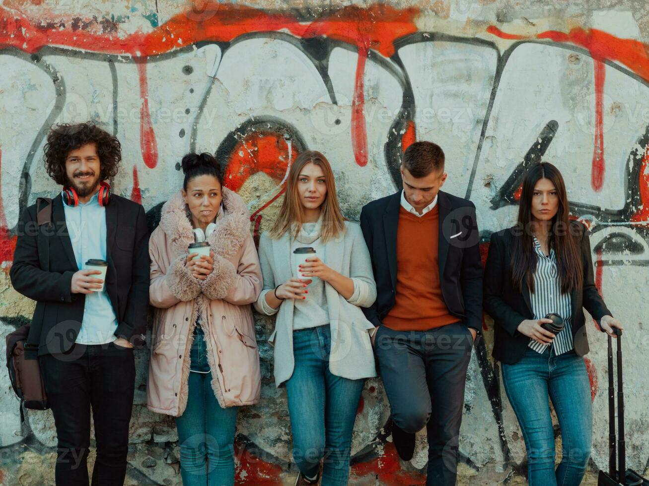 los jóvenes se paran frente a una pared dibujada en una calle abandonada. foto