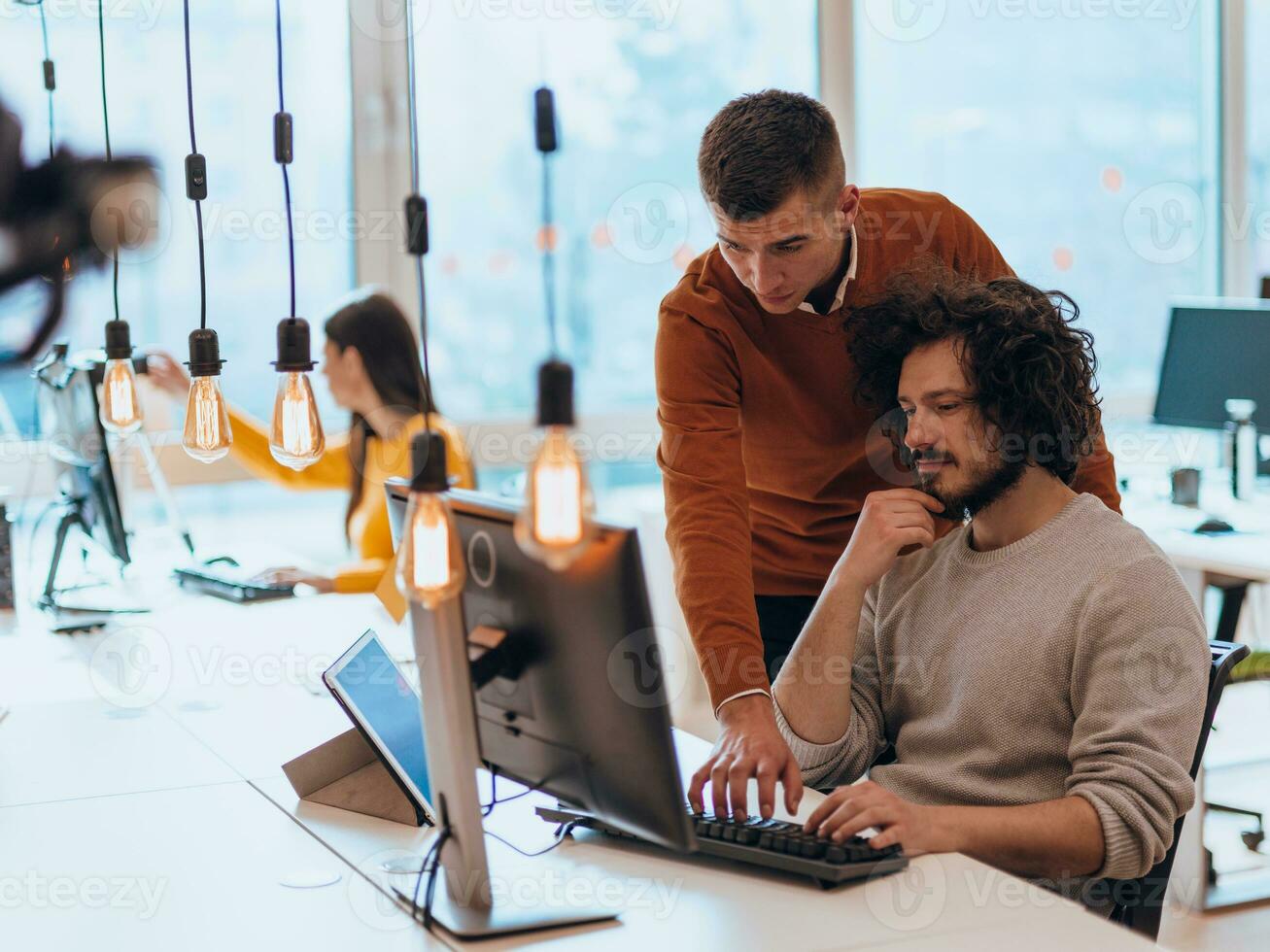 Two men discuss a project while looking at a computer monitor in a modern office photo