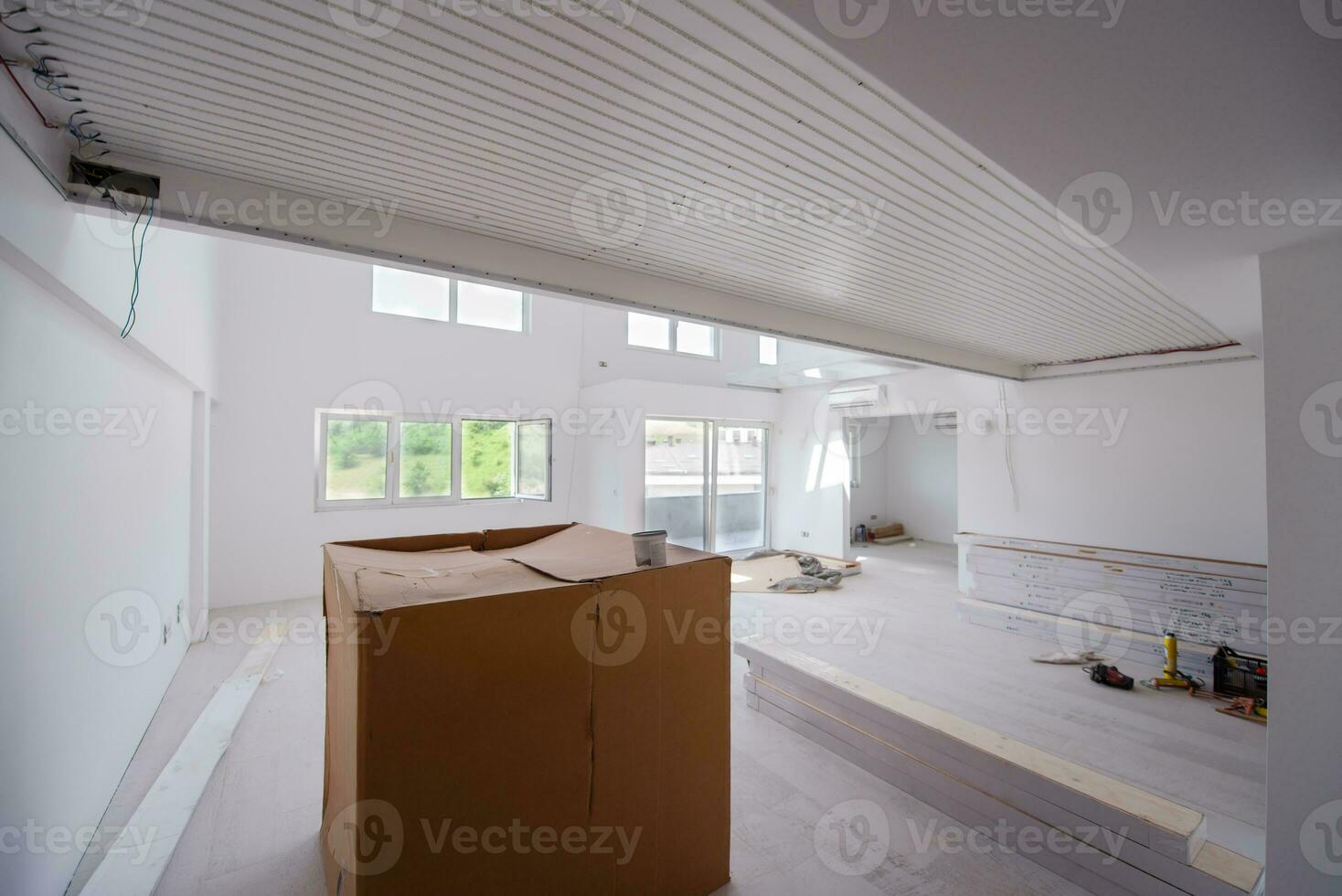 Interior of unfinished two level apartment photo