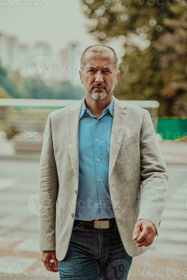 Focused businessman in a suit walking in the park photo