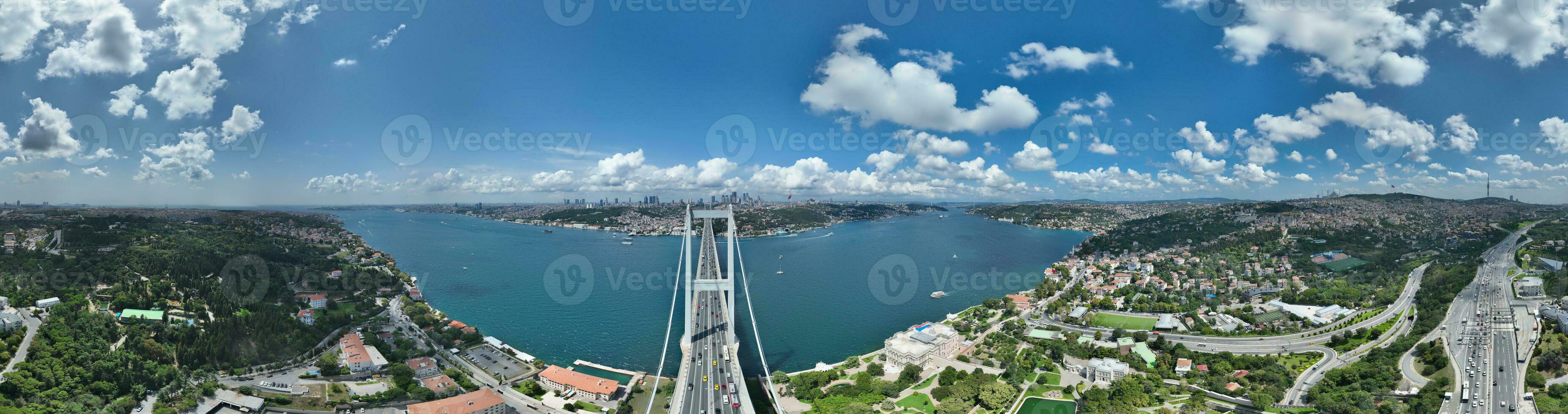 Istanbul Bosphorus Bridge and City Skyline in Background with Turkish Flag at Beautiful Sunset, Aerial slide orbiting and tracking shot photo