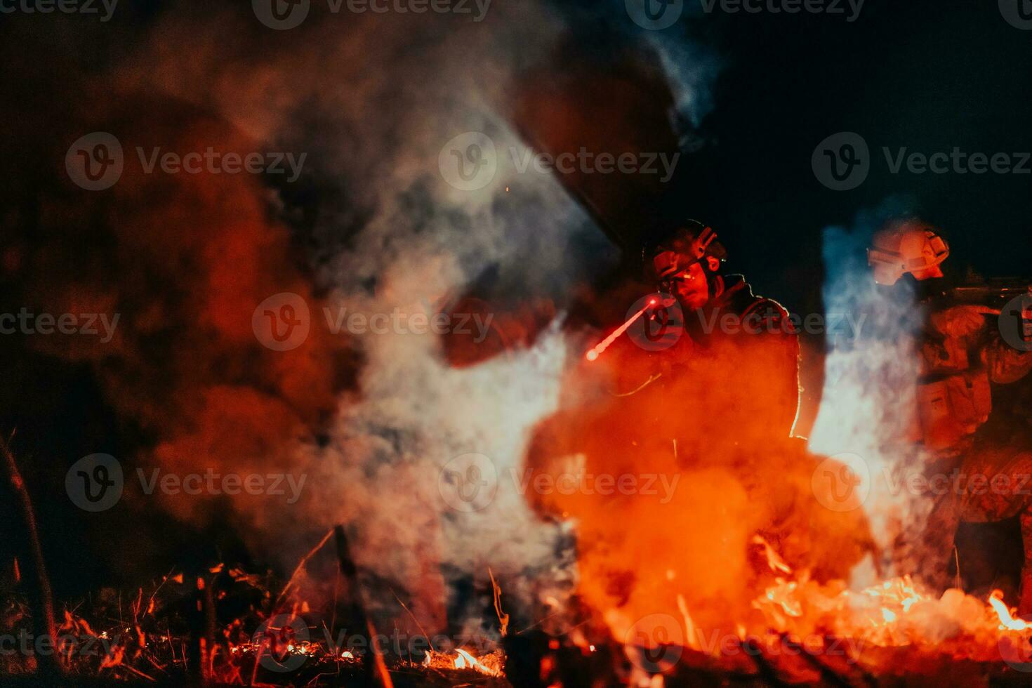 Soldiers squad in action on night mission using laser sight beam lights military team concept photo