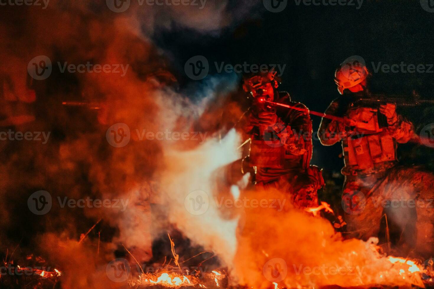 Soldiers squad in action on night mission using laser sight beam lights military team concept photo