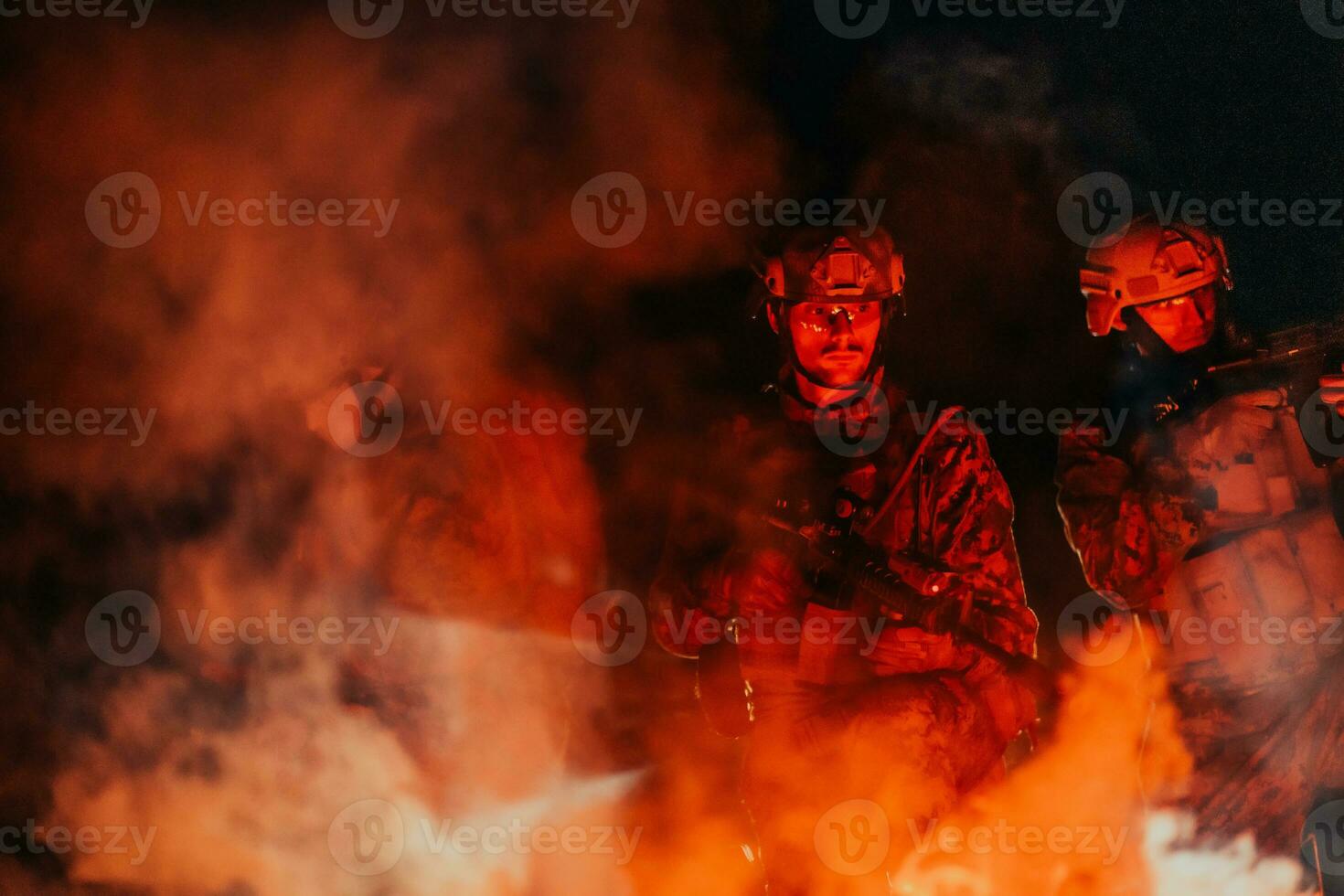 Soldiers squad in action on night mission using laser sight beam lights military team concept photo