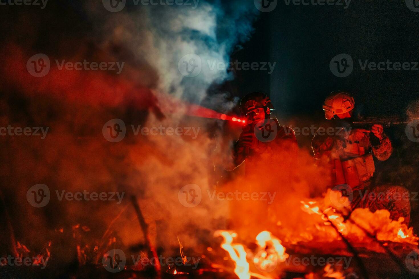 Soldiers squad in action on night mission using laser sight beam lights military team concept photo