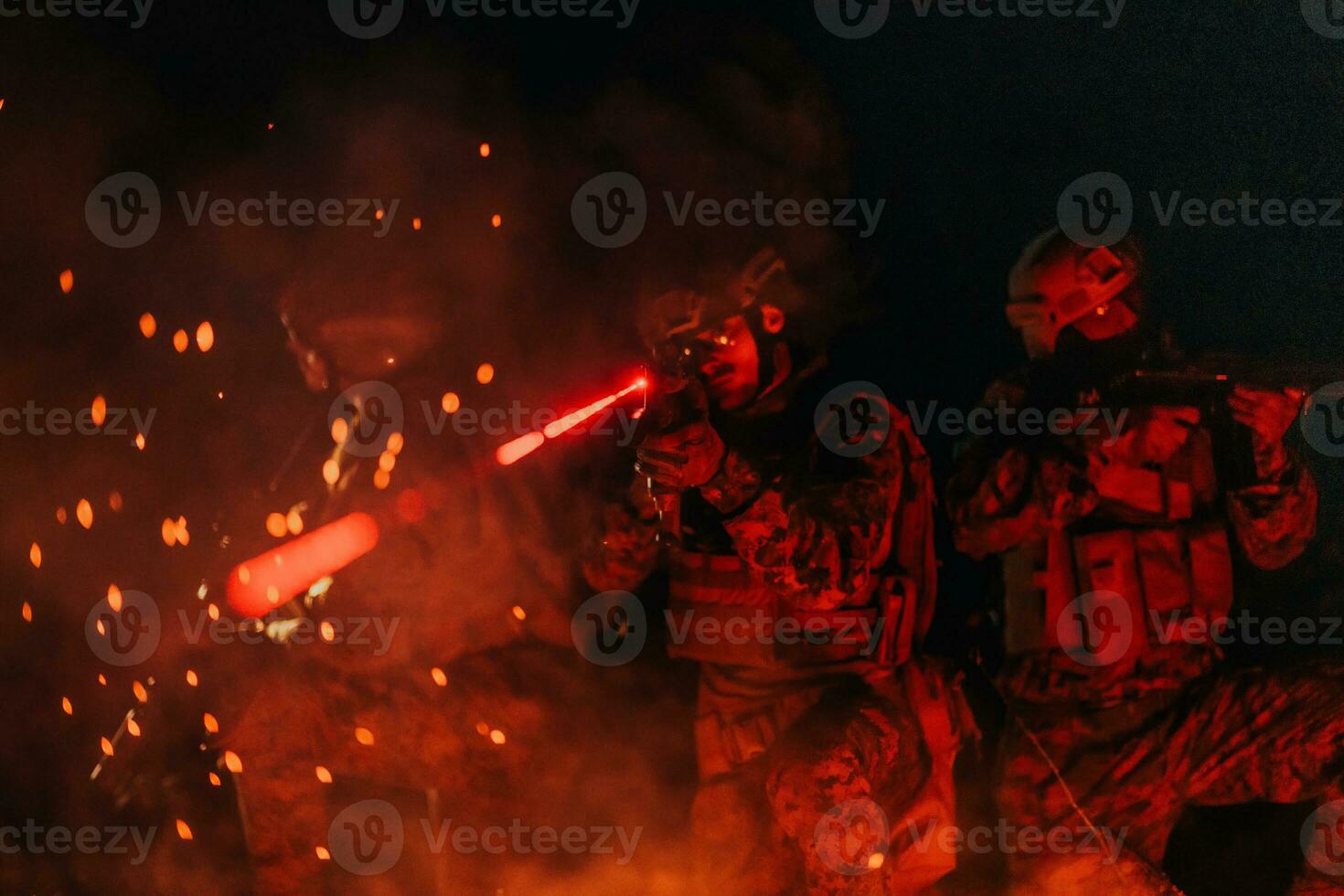 Soldiers squad in action on night mission using laser sight beam lights military team concept photo