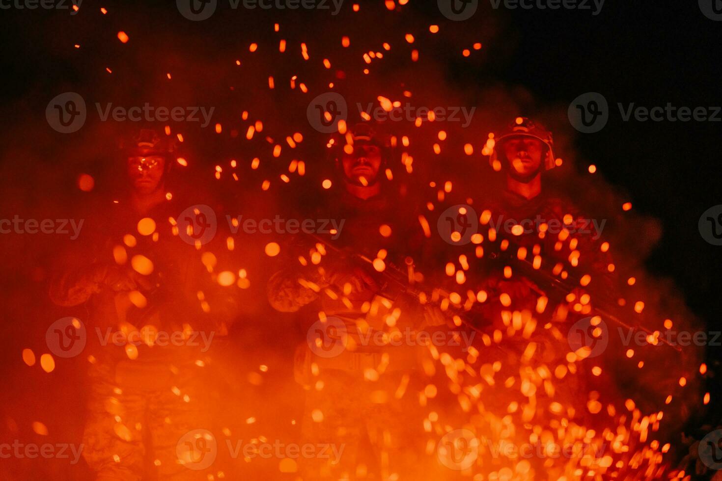 Soldiers squad in action on night mission using laser sight beam lights military team concept photo