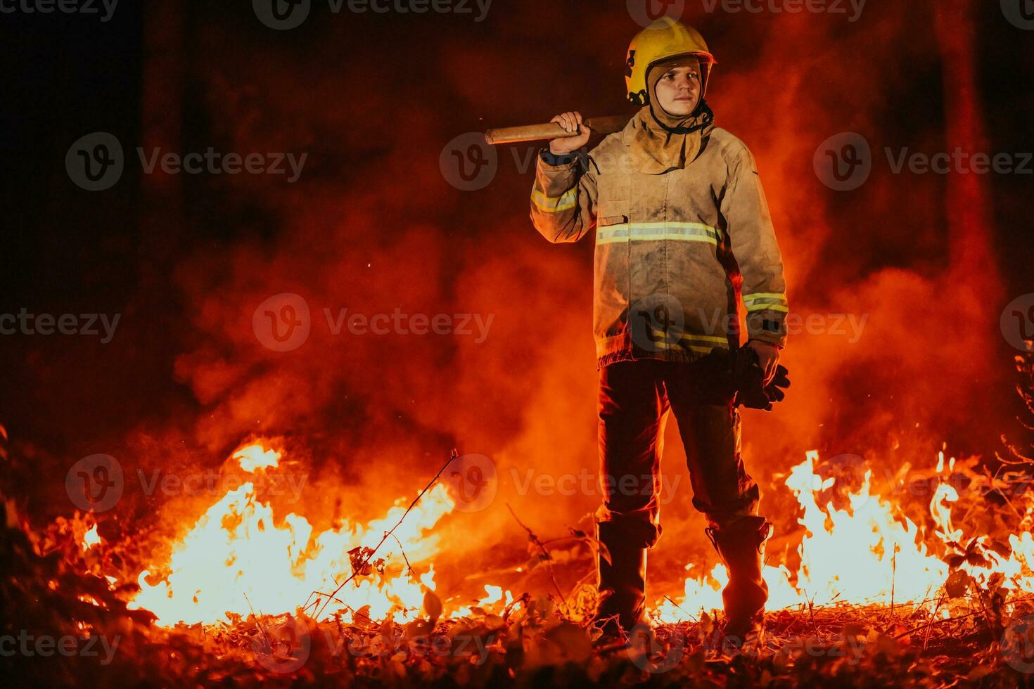 Firefighter at job. Firefighter in dangerous forest areas surrounded by strong fire. Concept of the work of the fire service photo