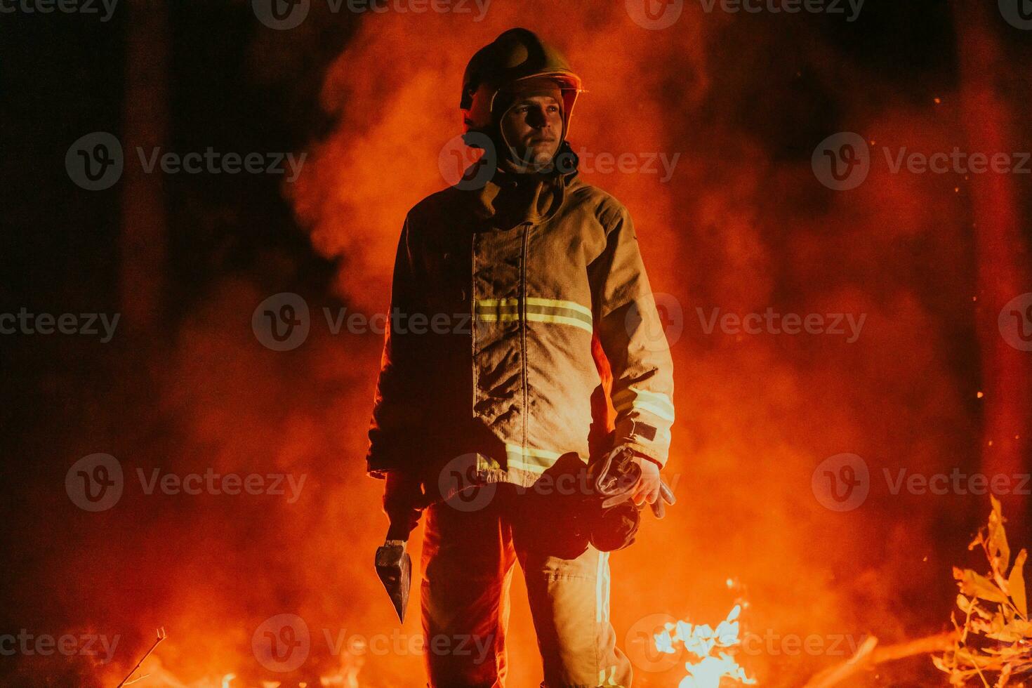 Firefighter at job. Firefighter in dangerous forest areas surrounded by strong fire. Concept of the work of the fire service photo