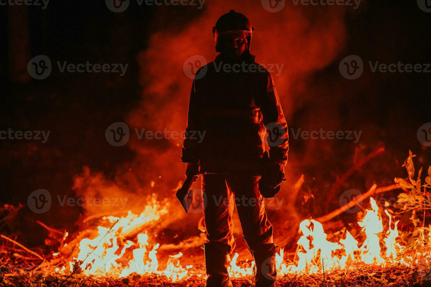 Firefighter at job. Firefighter in dangerous forest areas surrounded by strong fire. Concept of the work of the fire service photo
