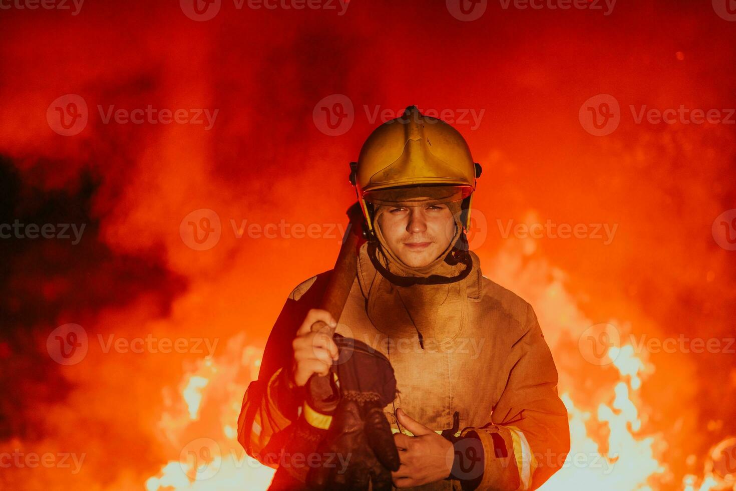 Firefighter at job. Firefighter in dangerous forest areas surrounded by strong fire. Concept of the work of the fire service photo