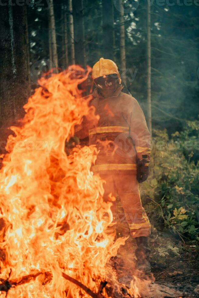 Firefighter at job. Firefighter in dangerous forest areas surrounded by strong fire. Concept of the work of the fire service photo