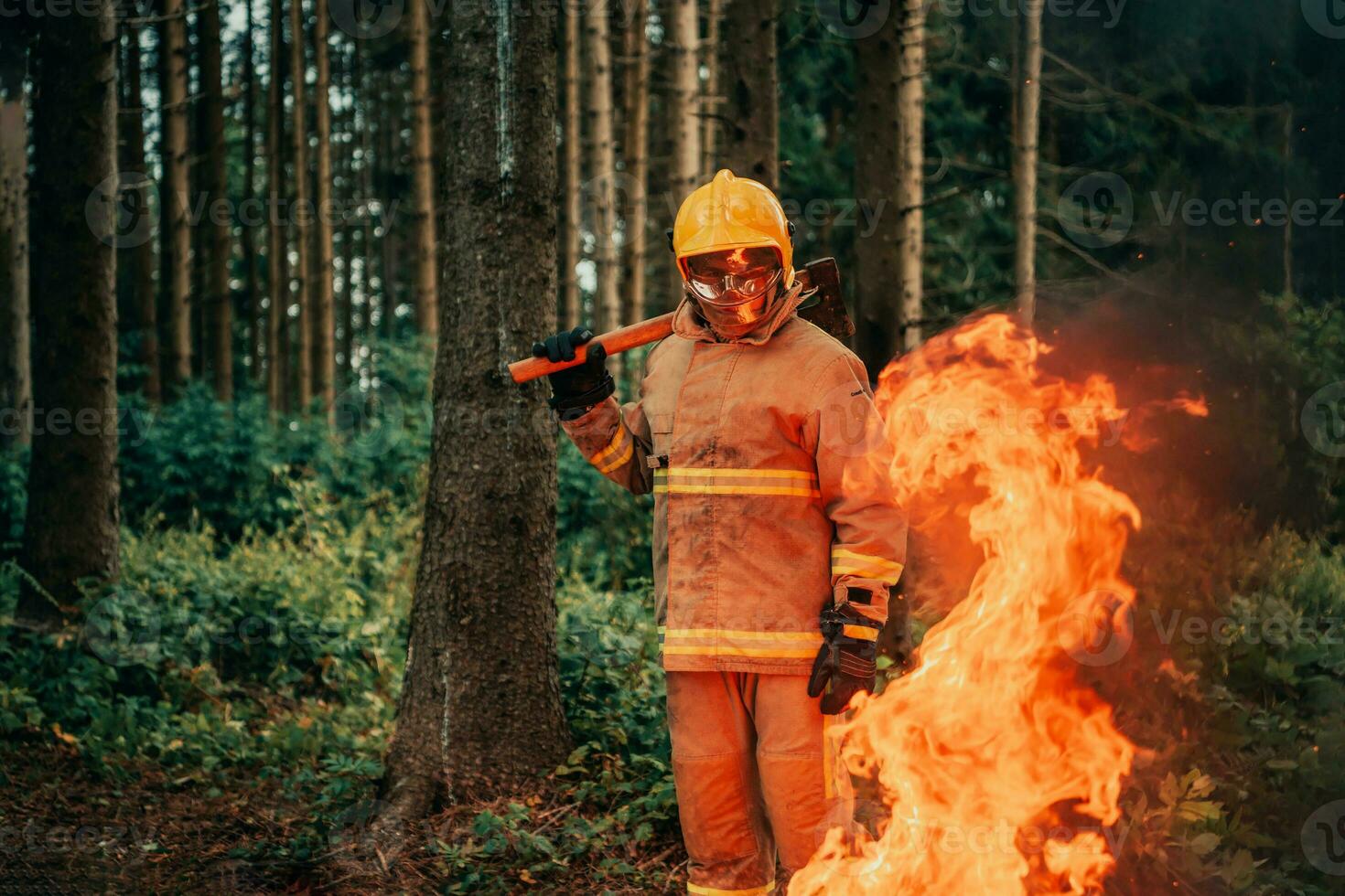 Firefighter at job. Firefighter in dangerous forest areas surrounded by strong fire. Concept of the work of the fire service photo