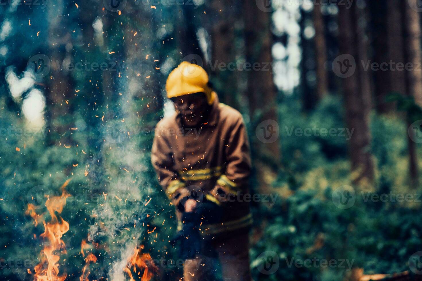 Firefighter at job. Firefighter in dangerous forest areas surrounded by strong fire. Concept of the work of the fire service photo