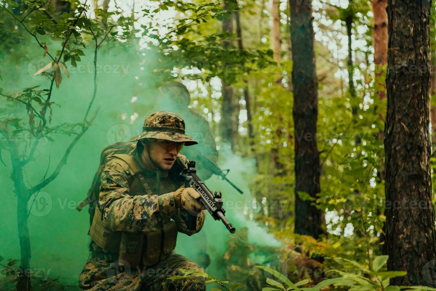 Battle of the military in the war. Military troops in the smoke photo