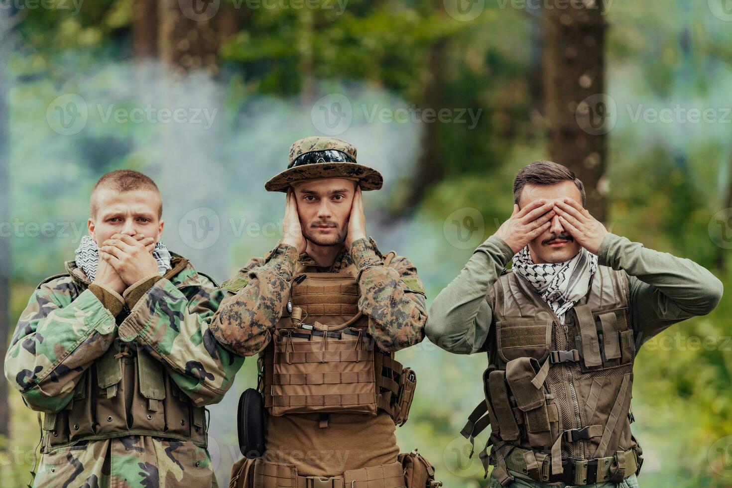 Group of soldiers in oposit sides celebrating peace after battle by showing blind mute and deaf symbols photo