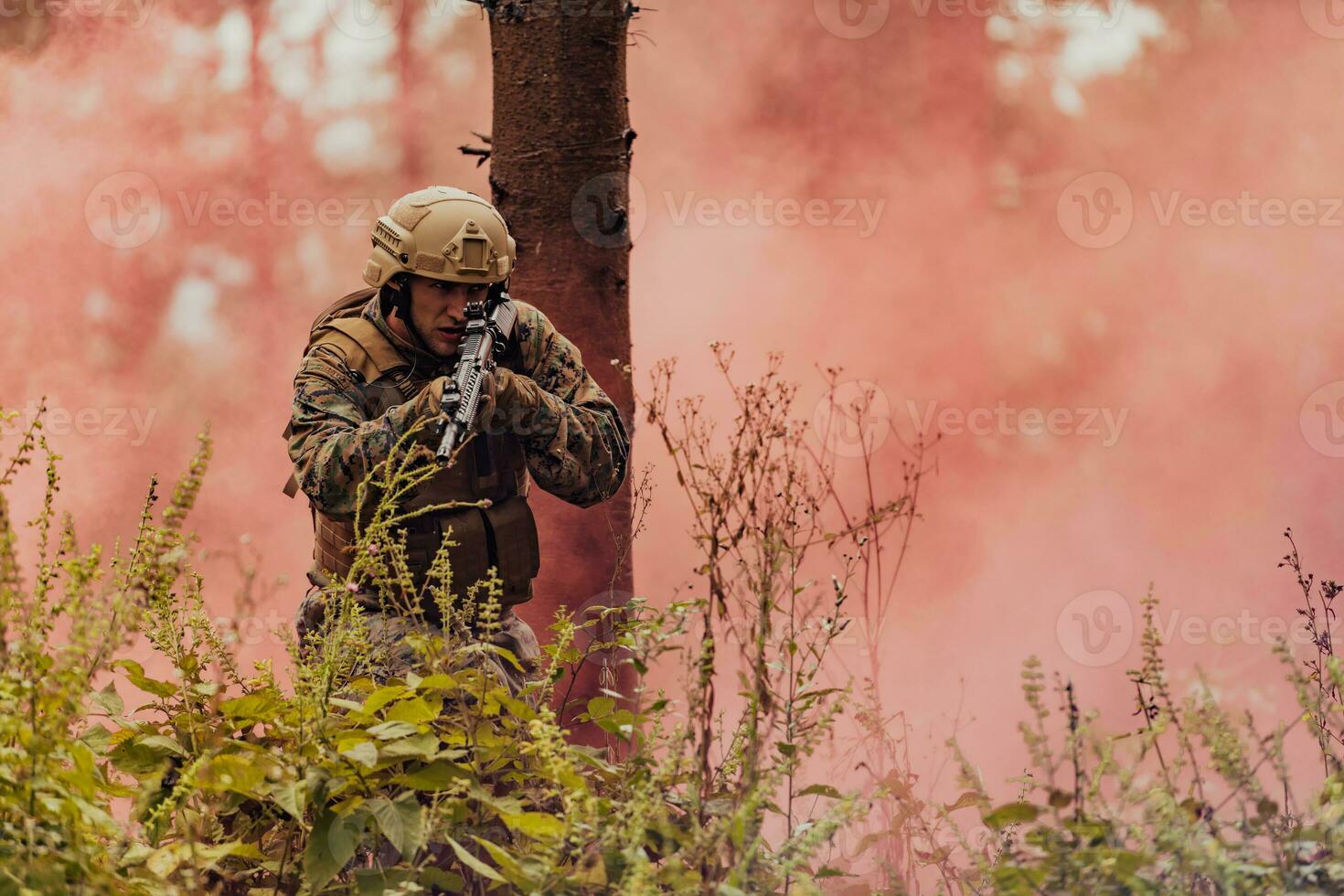 Battle of the military in the war. Military troops in the smoke photo