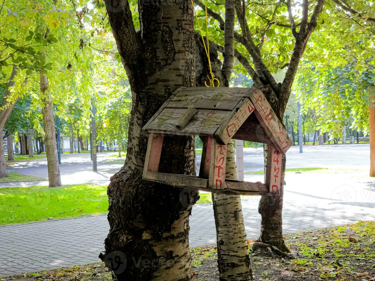 Feeders for birds in the city park. Concept of helping animals. photo