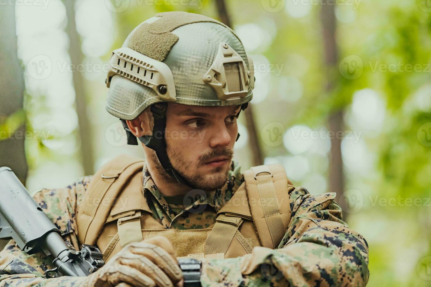 American marine corps special operations soldier preparing tactical and commpunication gear for action battle closeup photo