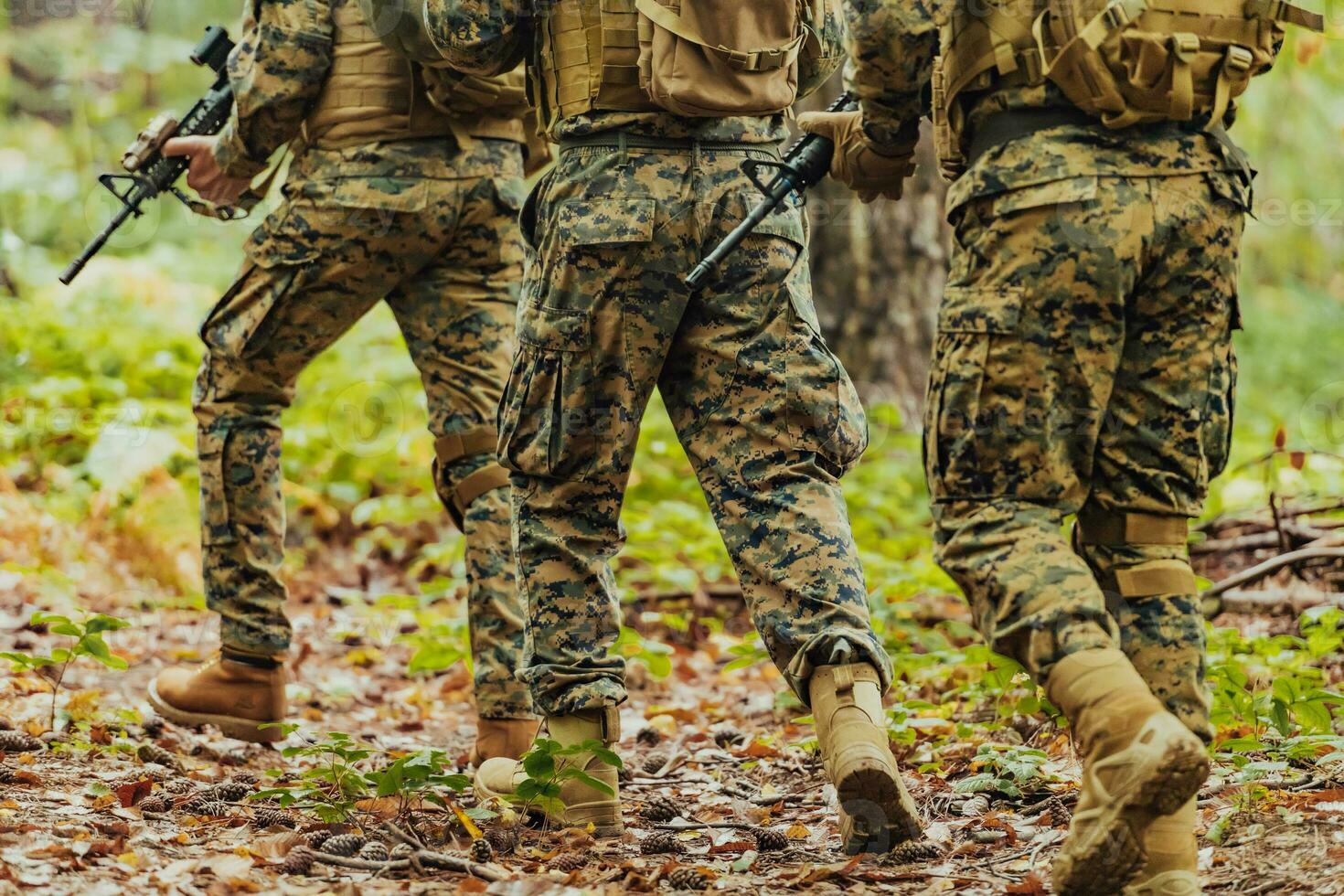 Modern warfare Soldiers Squad Running as Team in Battle Formation photo