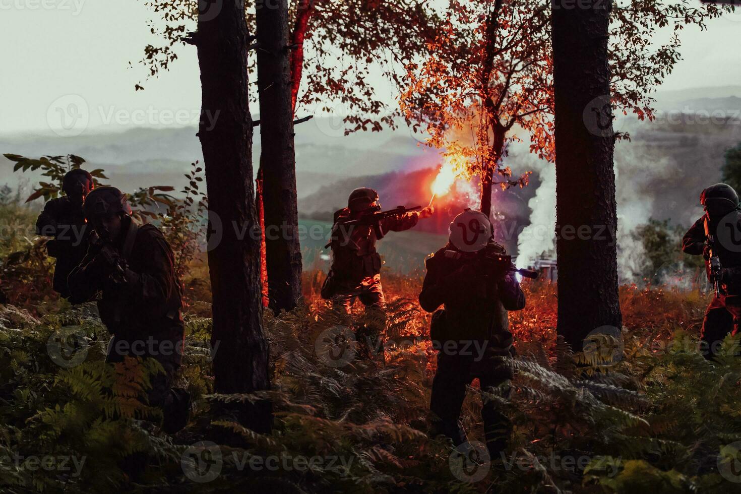 Soldiers team in action on night mission militery concept photo