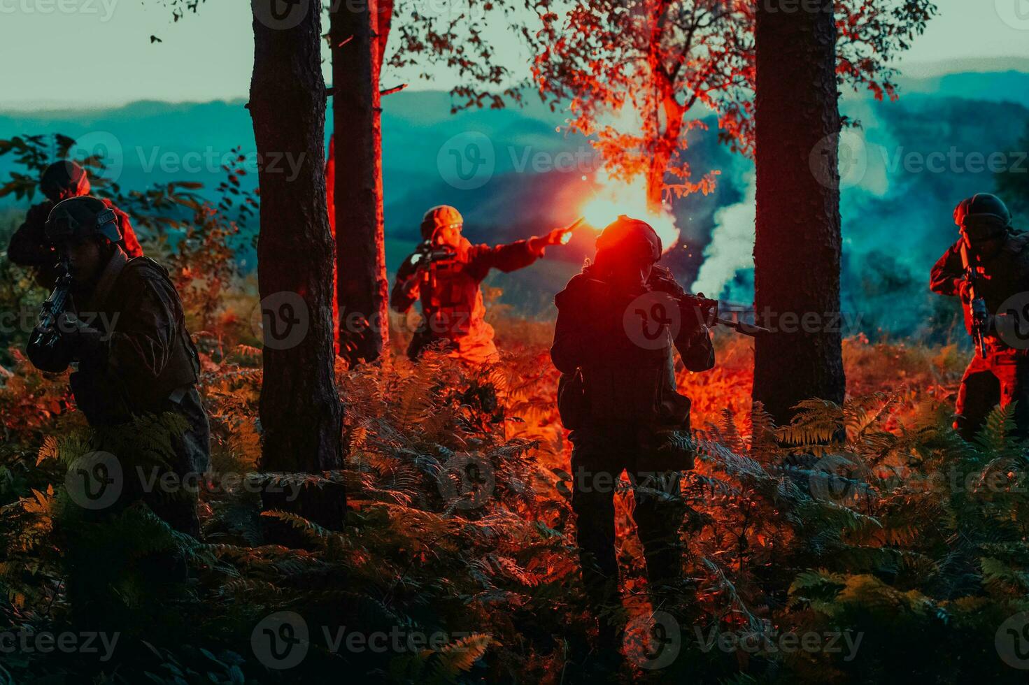 Soldiers team in action on night mission militery concept photo