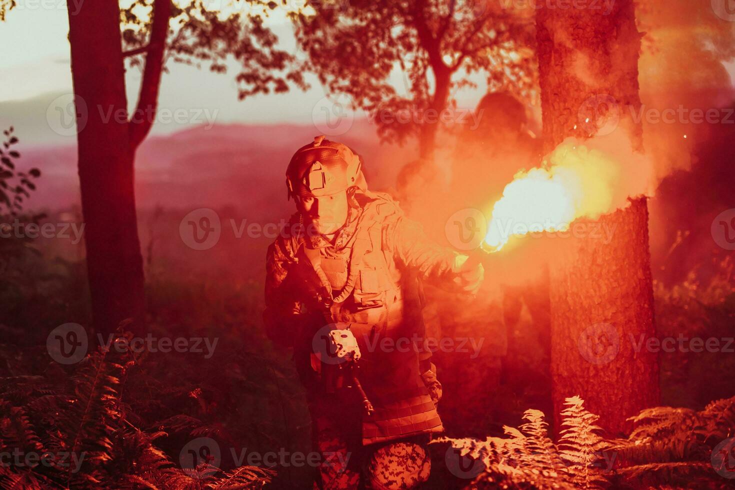 Soldiers team in action on night mission militery concept photo