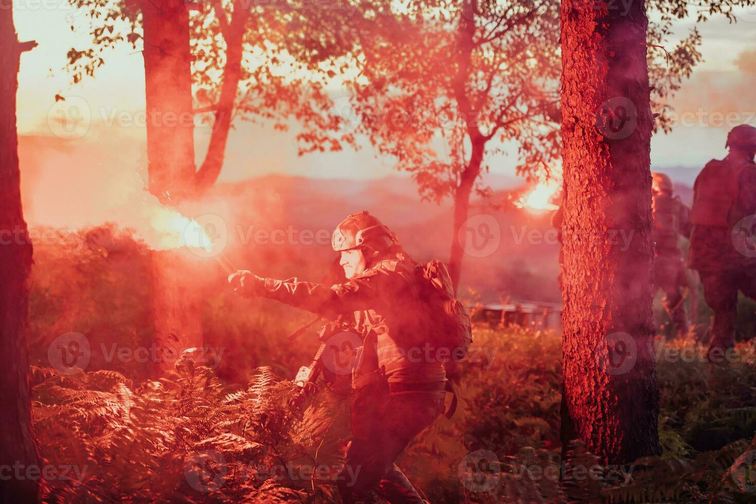 Soldiers team in action on night mission militery concept photo