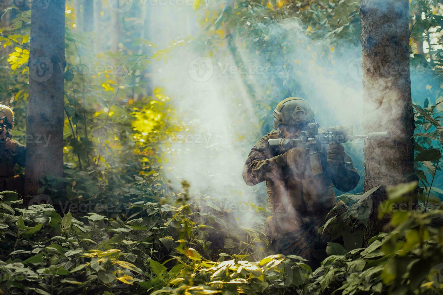 A modern warfare soldier on war duty in dense and dangerous forest ...
