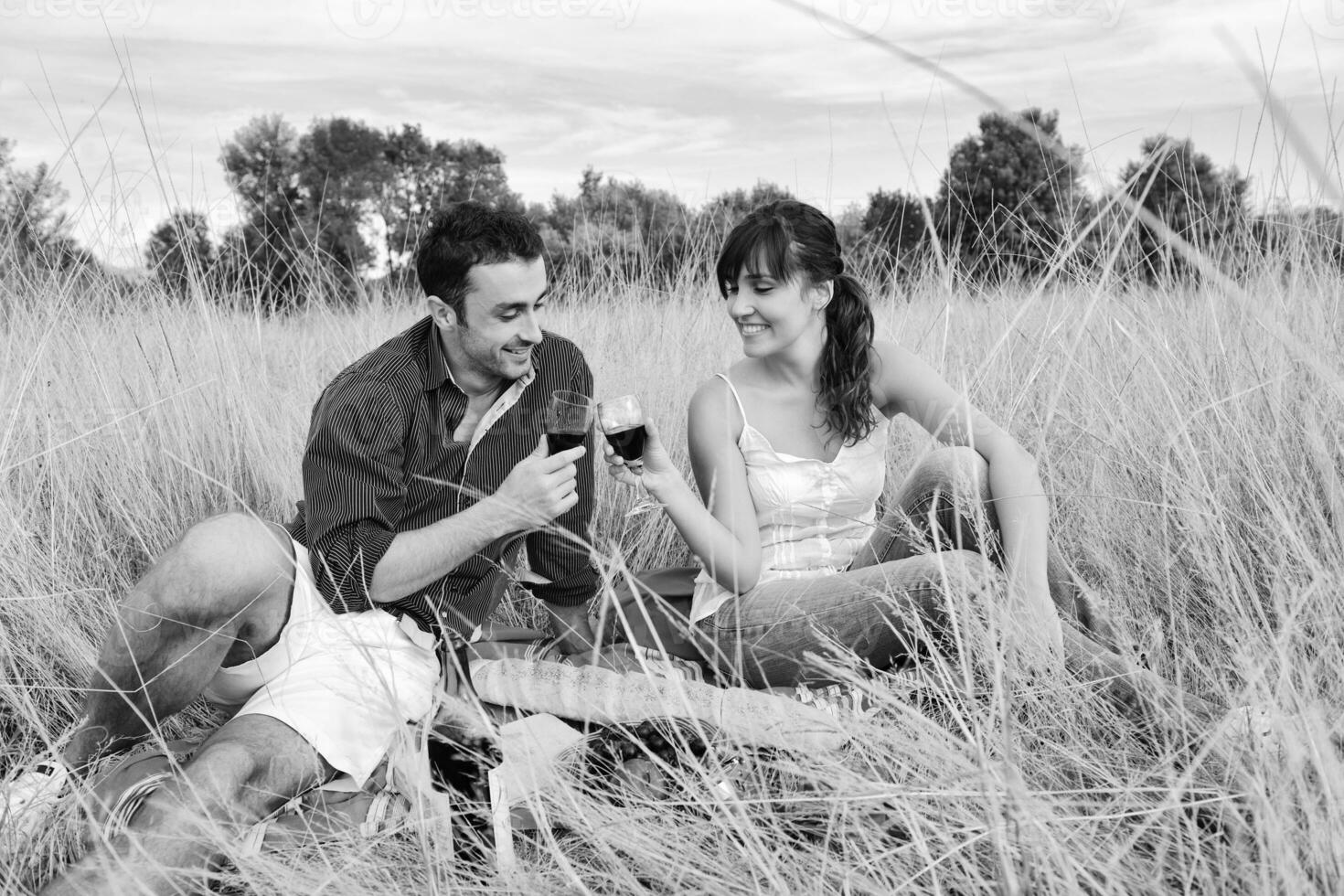 happy couple enjoying countryside picnic in long grass photo