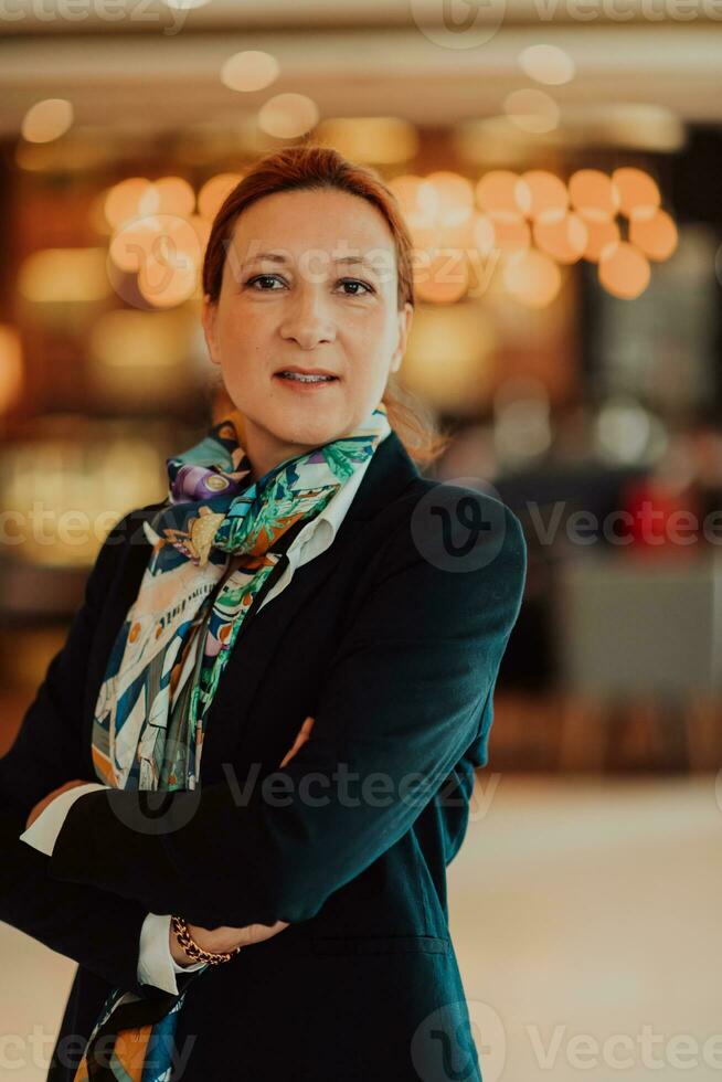 Portrait of business senior woman with crossed arms standing in modern corporation. Selective focus photo