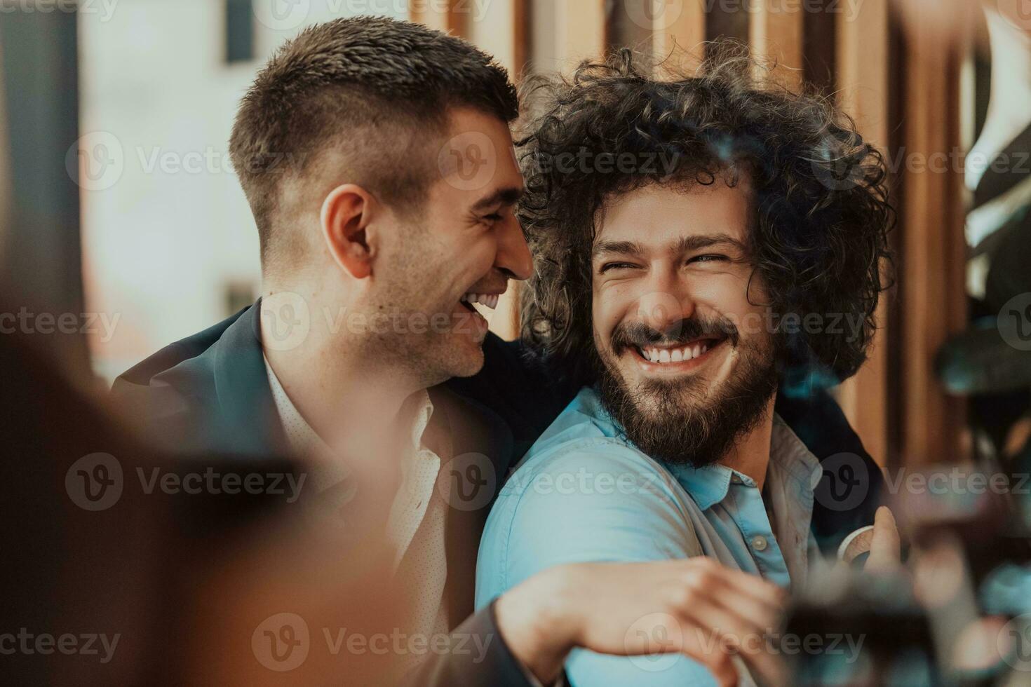 Portrait of multiethnic diverse gay LGBT romantic male couple embracing and showing their love photo