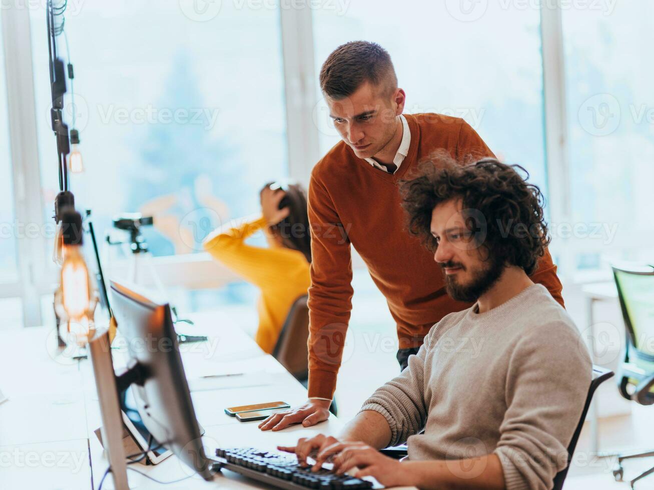 Two men discuss a project while looking at a computer monitor in a modern office photo