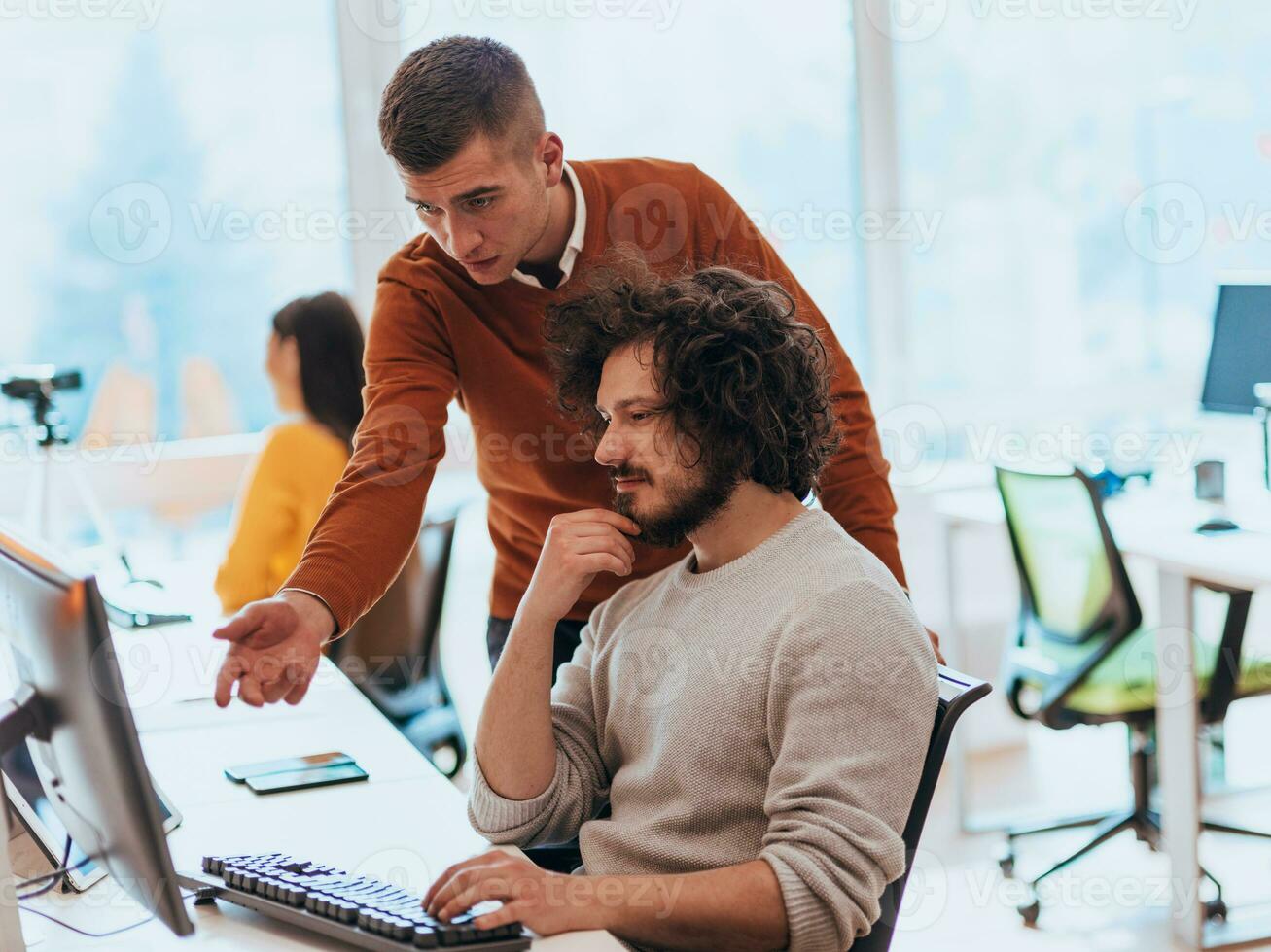 Two men discuss a project while looking at a computer monitor in a modern office photo