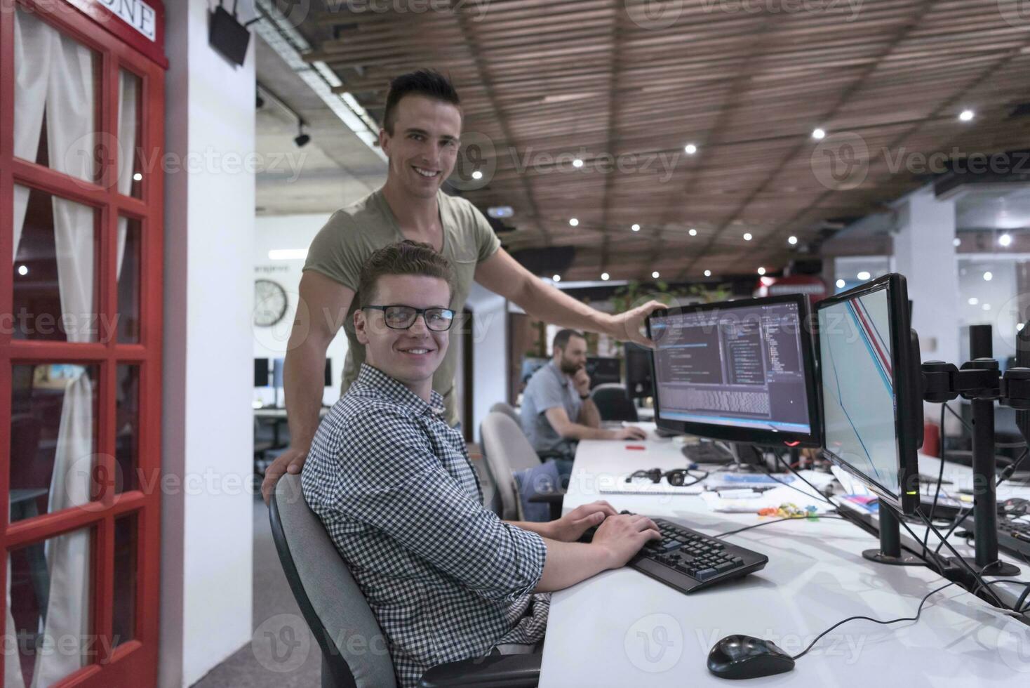 startup business people group working as team to find solution photo
