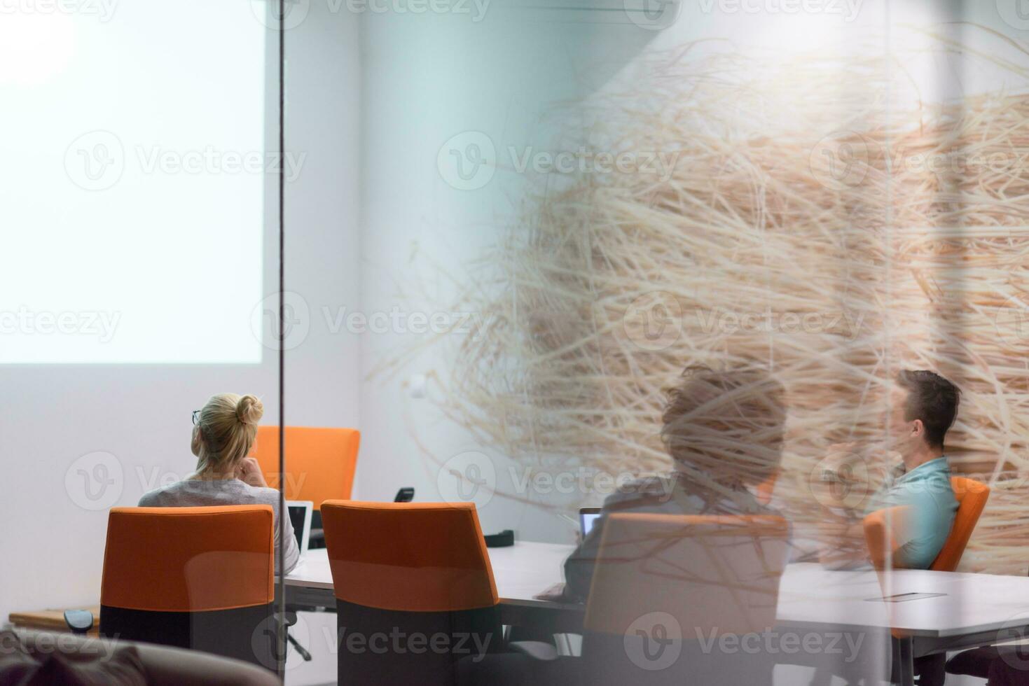 Startup Business Team At A Meeting at modern night office building photo
