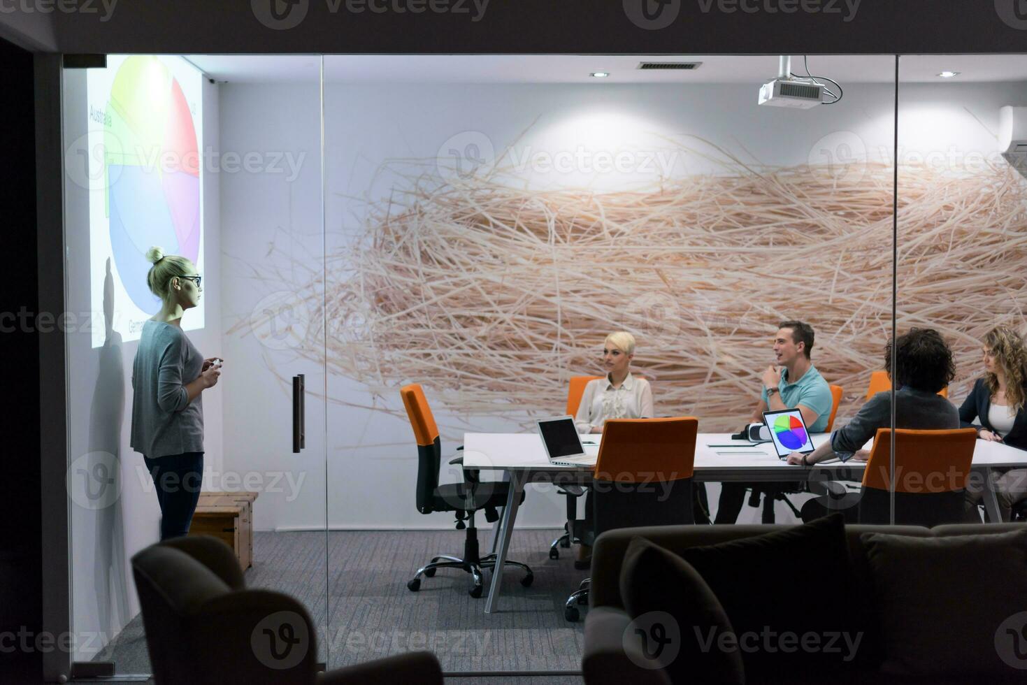 Startup Business Team At A Meeting at modern night office building photo