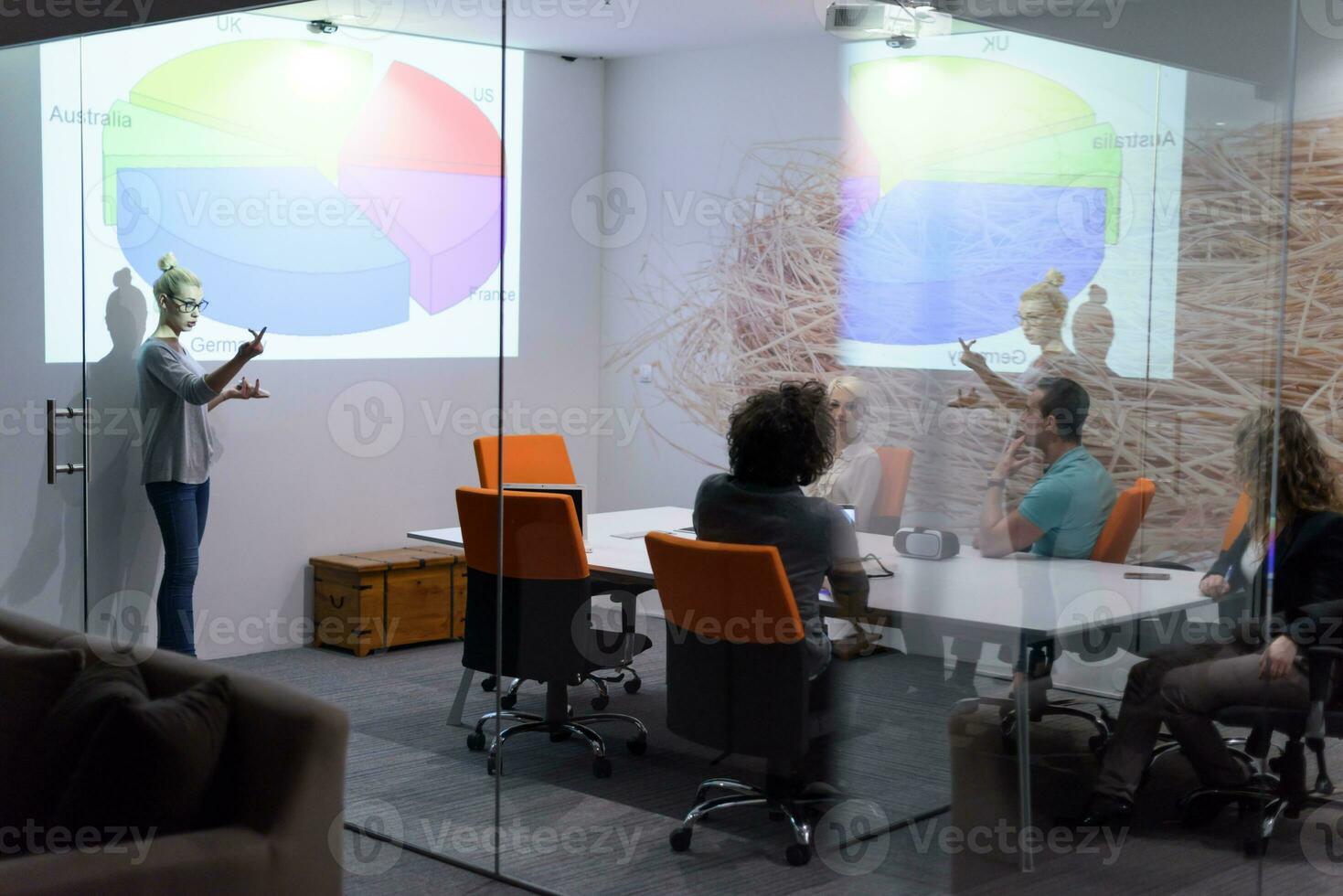 Startup Business Team At A Meeting at modern night office building photo