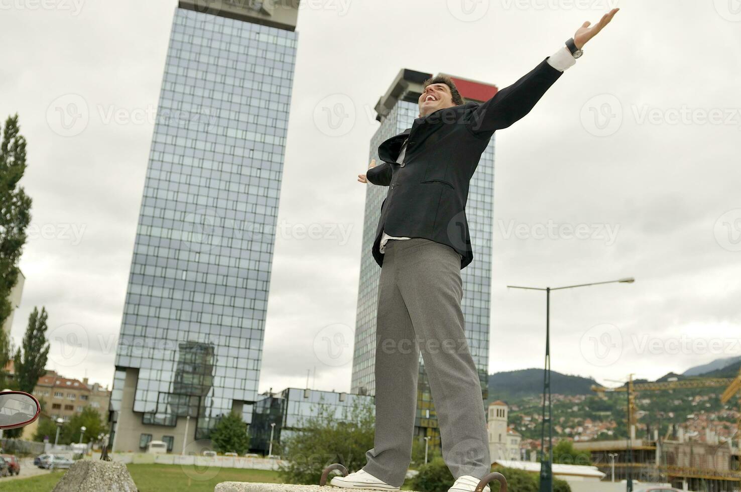 Photo of happy winner businessman  screaming from joy