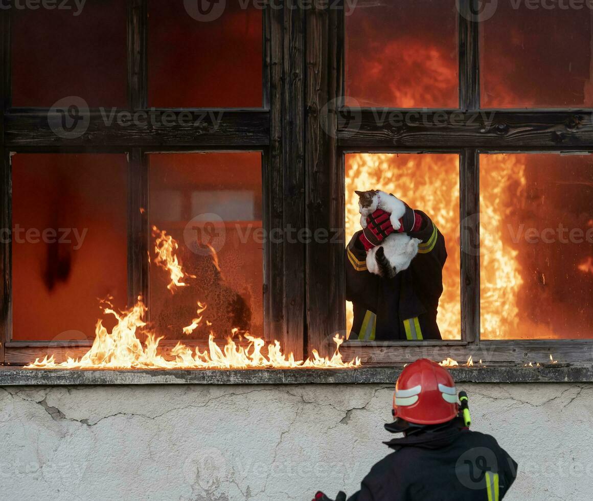 Firefighter hero carrying baby girl out from burning building area from fire incident. Rescue people from dangerous place photo