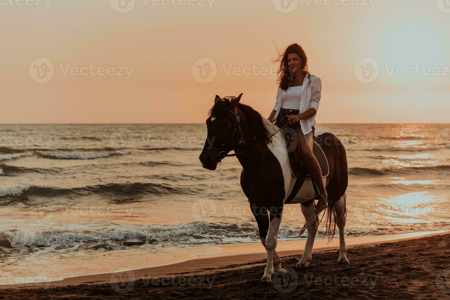 Woman in summer clothes enjoys riding a horse on a beautiful sandy beach at sunset. Selective focus photo