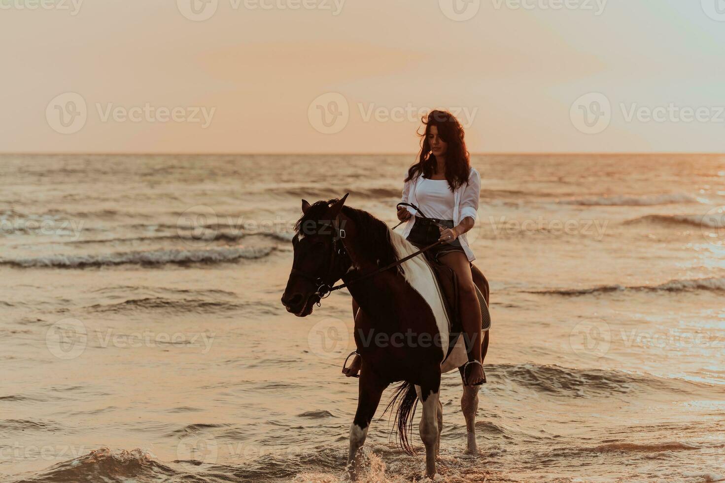 Woman in summer clothes enjoys riding a horse on a beautiful sandy beach at sunset. Selective focus photo