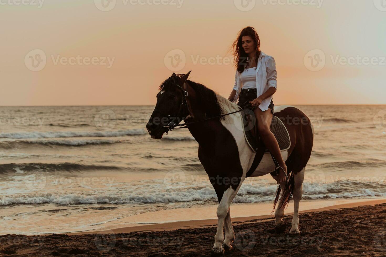 Woman in summer clothes enjoys riding a horse on a beautiful sandy beach at sunset. Selective focus photo