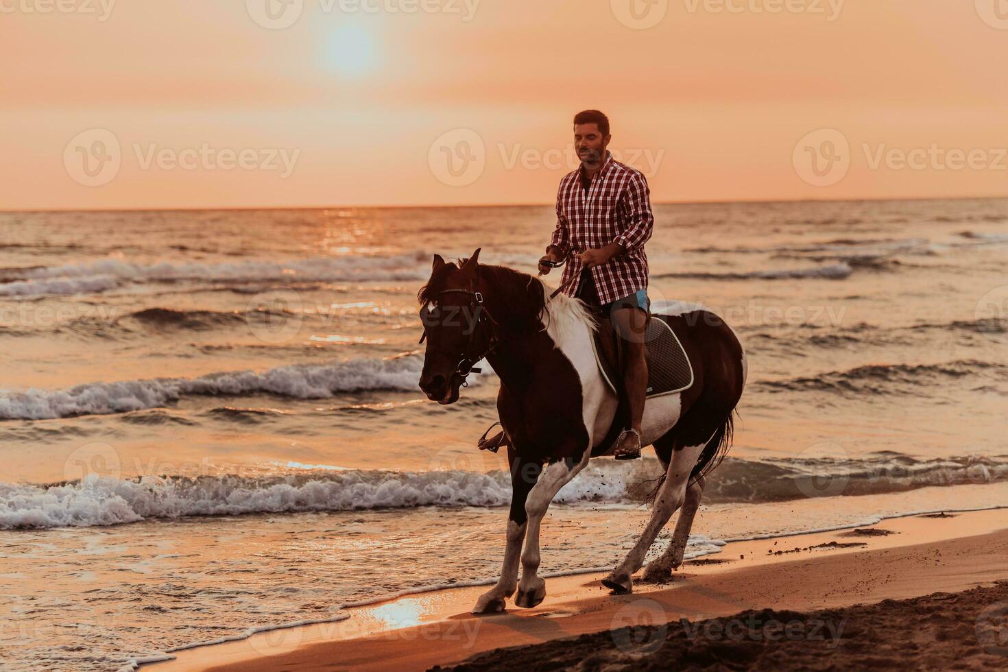 A modern man in summer clothes enjoys riding a horse on a beautiful sandy beach at sunset. Selective focus photo