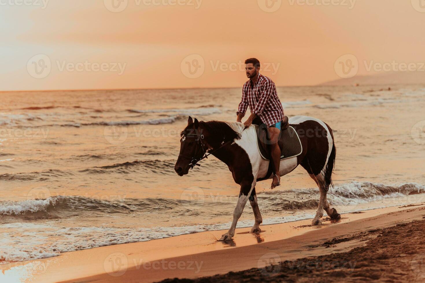 A modern man in summer clothes enjoys riding a horse on a beautiful sandy beach at sunset. Selective focus photo