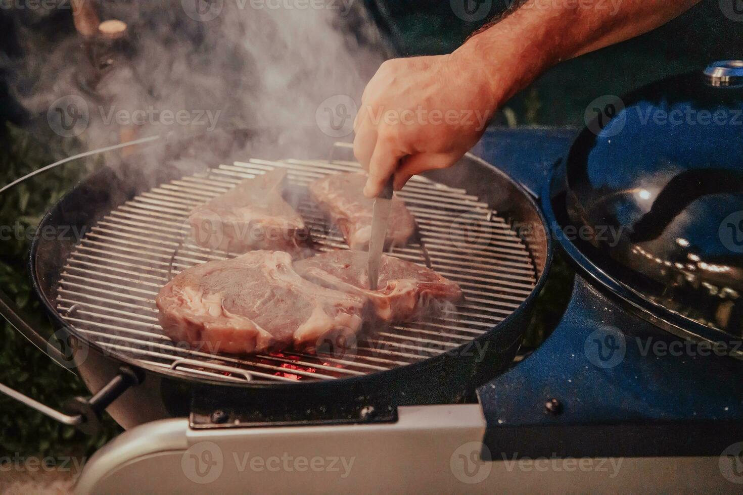 Close-up photo of delicious meat being grilled. In the background, friends and family are sitting and waiting for a meal