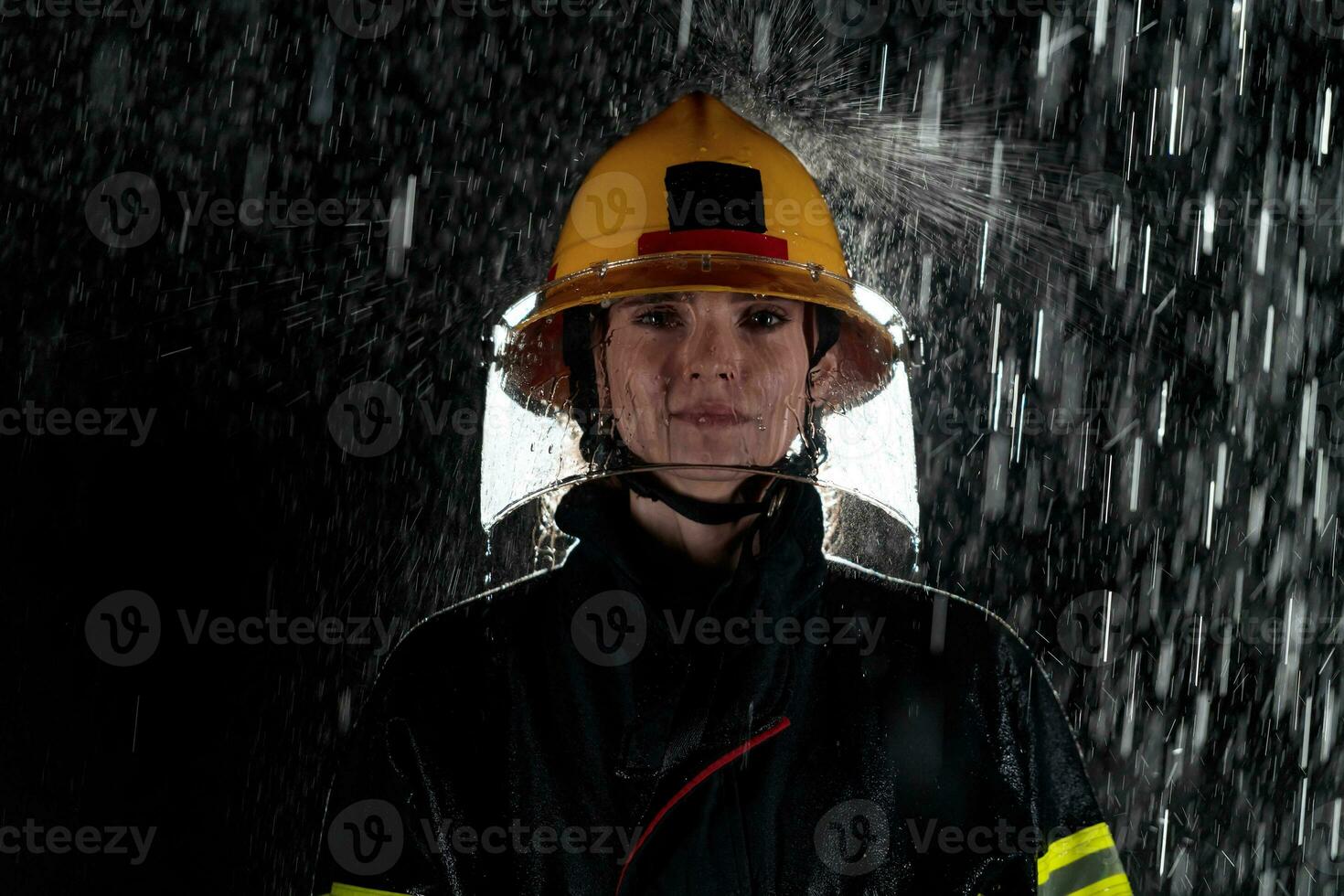 retrato de un hembra bombero en pie y caminando valiente y optimista. foto