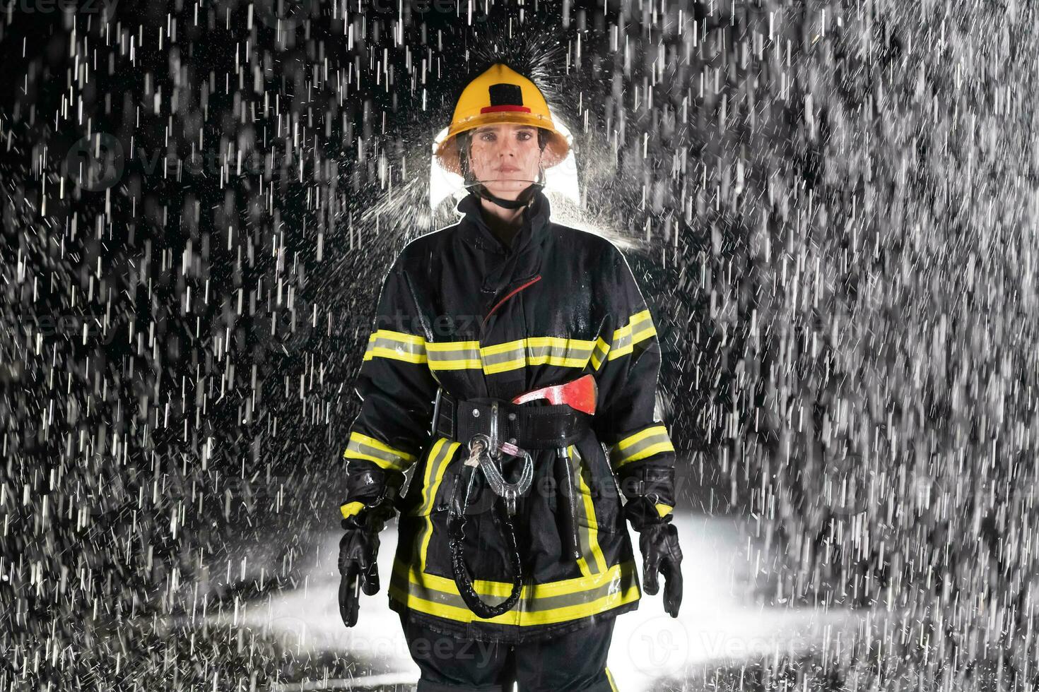 Portrait of a female firefighter standing and walking brave and optimistic. photo