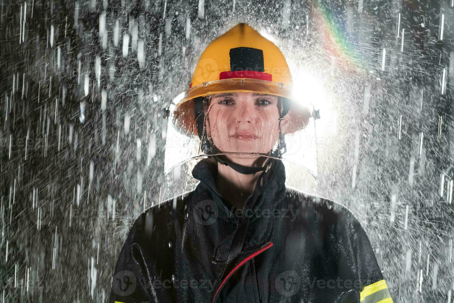 Portrait of a female firefighter standing and walking brave and optimistic. photo