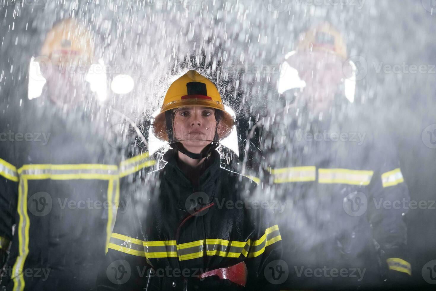 Portrait of a group of firefighters standing and walking brave and optimistic with a female as team leader. photo
